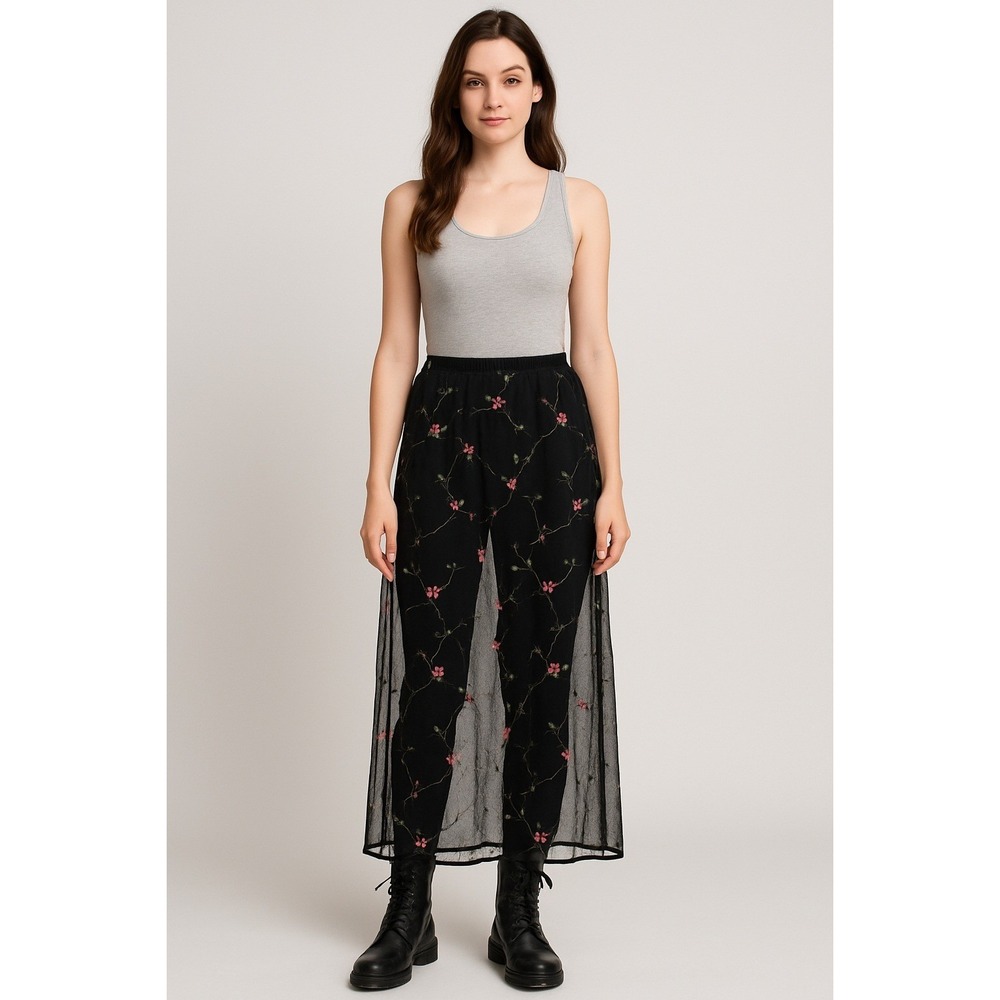 Vtg Y2K Charlotte Russe Maxi Skirt L Black Floral Mesh Sheer Embroidered Fairy
